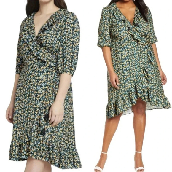 Eloquii x Jason Wu Wrap Dress V Neck Floral Patterned Ruffled Wrap Dress Sz 10 - Picture 2 of 7